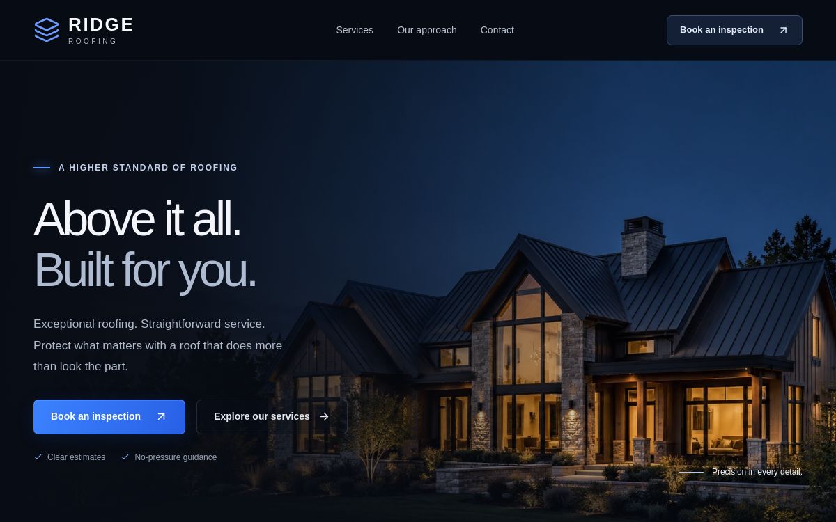 RIDGE Roofing website with a dark architectural design and a contemporary home at dusk